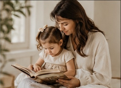 Mãe lendo com sua filha